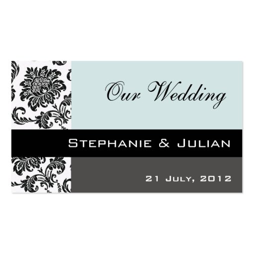 Blue Damask Wedding Website Business Card (front side)