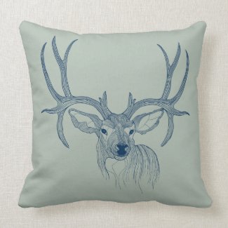 Blue Deer Hand Illustration Sage Green Background Throw Pillows