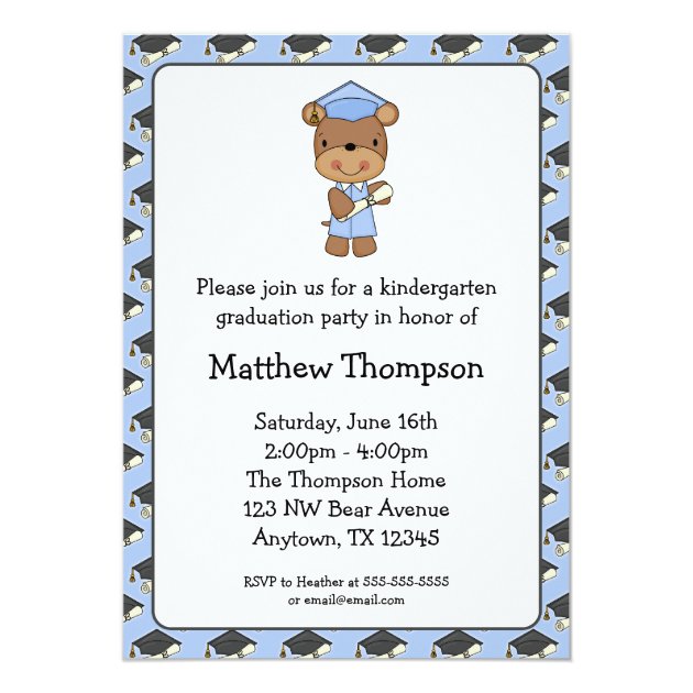 Blue Diploma Bear Boy Graduation 5x7 Paper Invitation Card