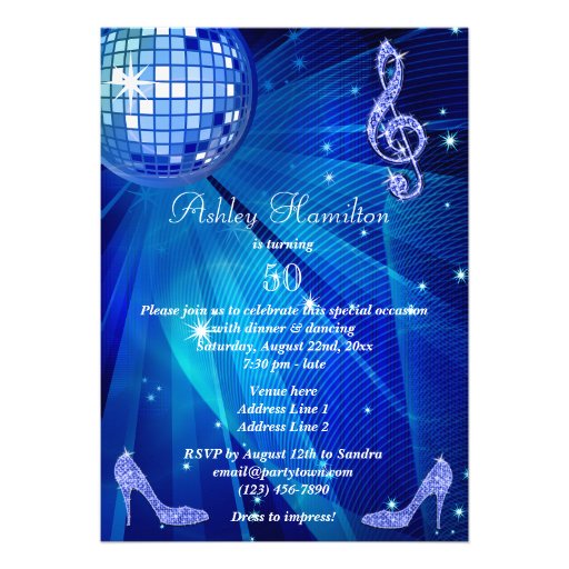 Blue Disco Ball and Heels 50th Birthday Custom Invitations