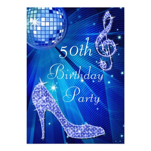 Blue Disco Ball and Heels 50th Birthday Custom Invitations (front side)