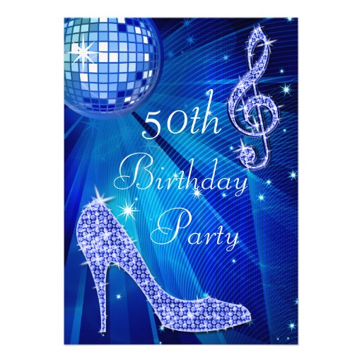 Blue Disco Ball and Heels 50th Birthday Custom Invitations