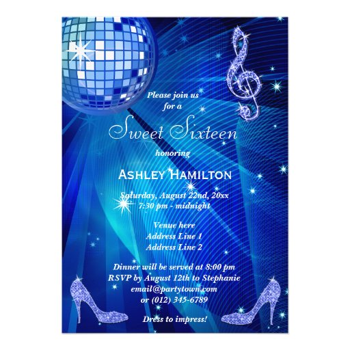 Blue Disco Ball and Sparkle Heels Sweet 16 Personalized Announcement