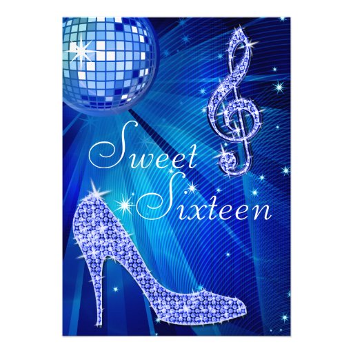Blue Disco Ball and Sparkle Heels Sweet 16 Personalized Announcement