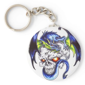 Blue Dragon and skull tattoo style keychain