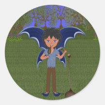 Blue Dragon Winged Musical Boy Faerie Round Sticker