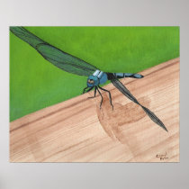 Blue Dragonfly on a Rail Poster