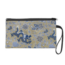 Blue Dragons and Flowers on Dull Gold Wristlet Purse
