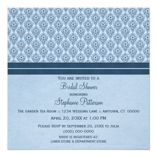 Blue Dramatic Damask Bridal Shower Invite