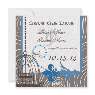 Blue Driftwood Wood Grain Bird Cage Save the Date invitation