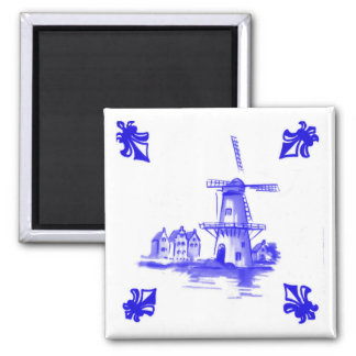 Blue Dutch Windmill Tile Delft look 2 Inch Square Magnet