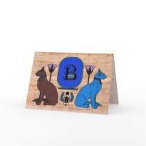 Blue Egyptian Cat Monogram Greeting Card: B