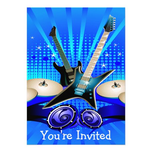 Blue Electric Guitars, Drums & Speakers Grad Party Personalized Invites (front side)