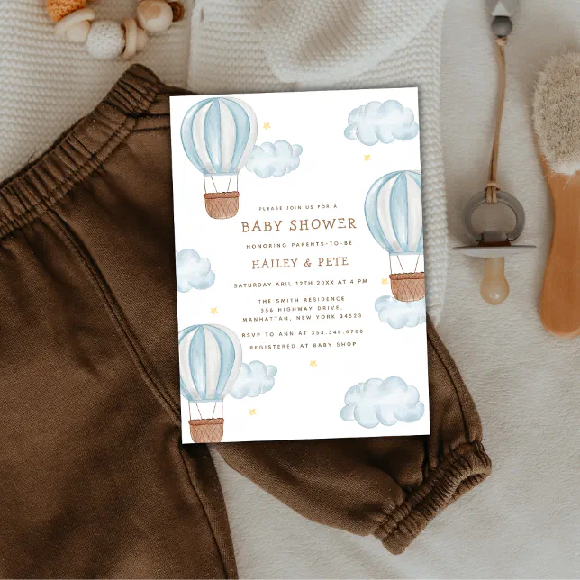 Blue Elegant Hot Air Balloon Cloud Boy Baby Shower Invitation Zazzle