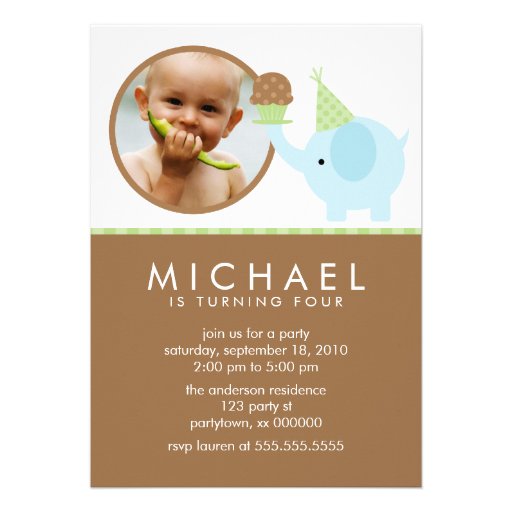 Blue Elephant and Cupcake Birthday Personalized Invitations