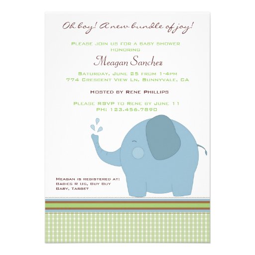 Blue Elephant Baby Shower Invite