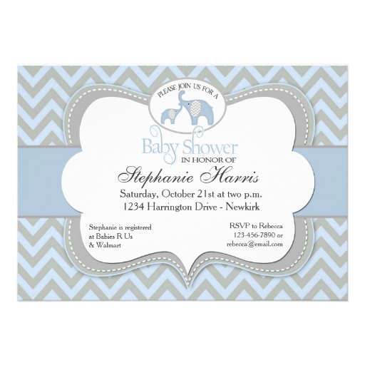 Blue Elephant Chevron Baby Shower Invitation (front side)