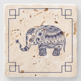 Blue Elephant Illustration Simple Frame Stone Beverage Coaster