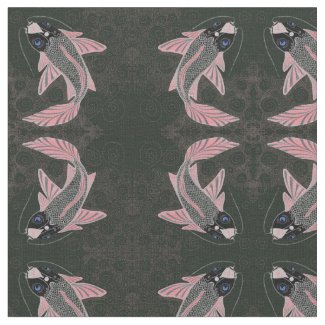 Blue Eyed Koi Fish Mirrored Black and Red Print Fabric