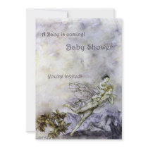Blue Fairy Carries Baby Shower Invitation