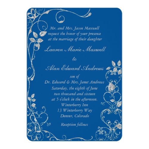 Blue Faux Diamond Heart Swirl Wedding Invitation