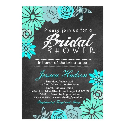 Blue floral chalkboard bridal shower invitation