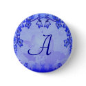 Blue Floral Deco Monogram Button by elenaind Blue Floral Deco Monogram Button
