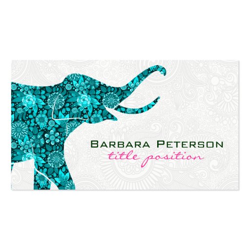 Blue Floral Elephant White Damasks Business Cards (front side)