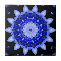 Blue Floral Kaleidoscope Mandala Ceramic Tile