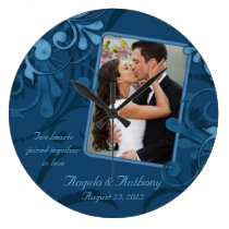 Blue Floral Personalized Photo Template Wall Clock at Zazzle