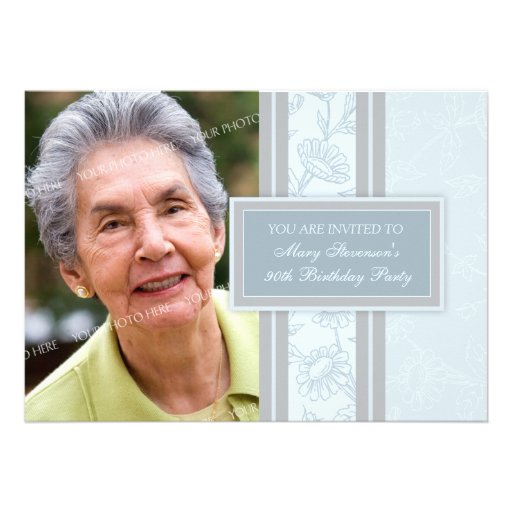 Blue Floral Photo 90th Birthday Party Invitations