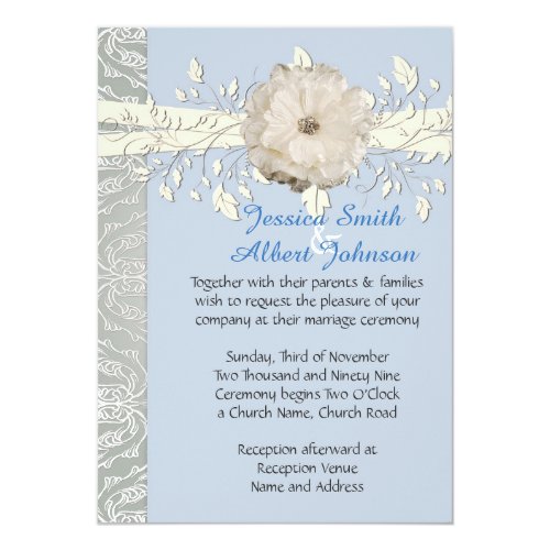 Blue Floral Ribbon Silver Damask Wedding Invite