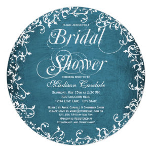 Blue Floral Swirls Round Bridal Shower Invitation