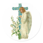 Blue Flowered Christian Cross Round Stickers