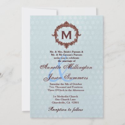 Blue Flowers Chocolate Frame Monogram Wedding Personalized Invites by 