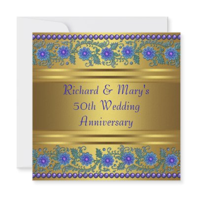 Blue Flowers Gold 50th Wedding Anniversary Personalized Announcement by InvitationCentral