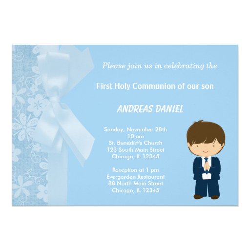 Blue Flowers Holy Communion Personalized Invite (front side)