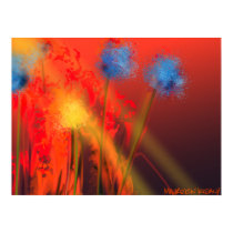 Blue Flowers on Fiery Orange Sunshine Poster