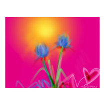 Blue Flowers on Pink Love Hearts Poster