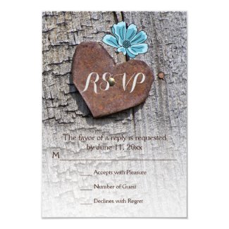 Blue flowers & rusted heart on wood rustic wedding custom invitations