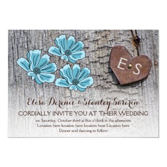 Blue flowes & heart with monogram on wood wedding personalized announcement cards