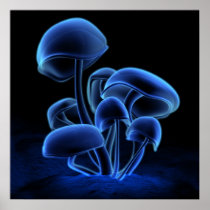 mushrooms, blue, glowing, triptych, flora, plants, Poster with custom graphic design