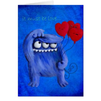 Blue Furry Love with Balloons Greeting Cards