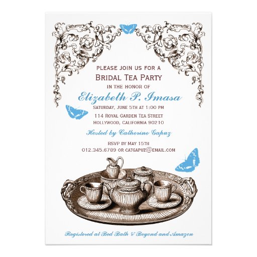 Blue Garden Bridal Tea Party Invitations Custom Announcements