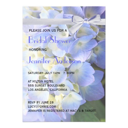 Blue Garden Hydrangeas Ribbon Bridal Shower Announcements