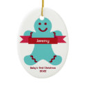 Blue gingerbread kid red banner name baby first ornament
