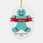 Blue gingerbread kid red banner name baby first ornament