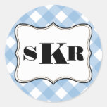 Blue gingham 3 monogram letter country style round stickers