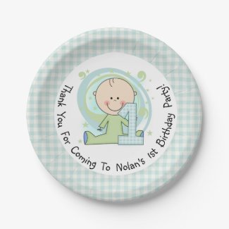 Blue Gingham Boy 1st Birthday Paper Plates 7 Inch Paper Plate