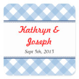 Blue gingham country picnic rustic wedding favor square sticker